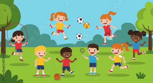 Happy children playing diverse outdoor games in a sunny park, including jumping rope, kicking balls, and running.