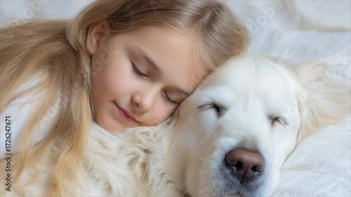 a little girl and her white dog sleeping on a bed