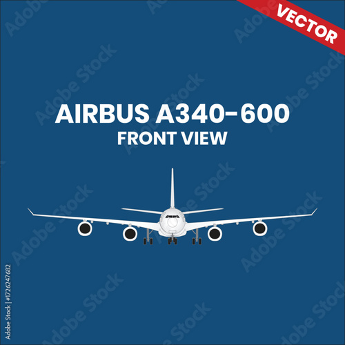 Line drawings of Airbus A340-600 aircraft front view with four jet engine 