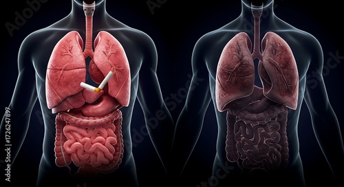 A medical illustration comparing the healthy organs of a non-smoker to the diseased, damaged lungs and internal organs of a smoker.
