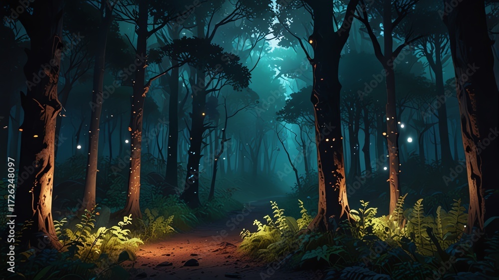 Naklejka premium Enchanted forest path with glowing lights and mystical atmosphere.