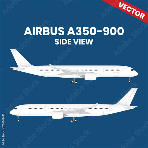 Line drawings of Airbus A350-900 aircraft sideview right and left with two jet engine 