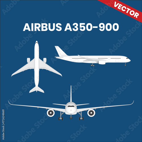 Line drawings of Airbus A350-900 aircraft top view side view front view with two jet engine 