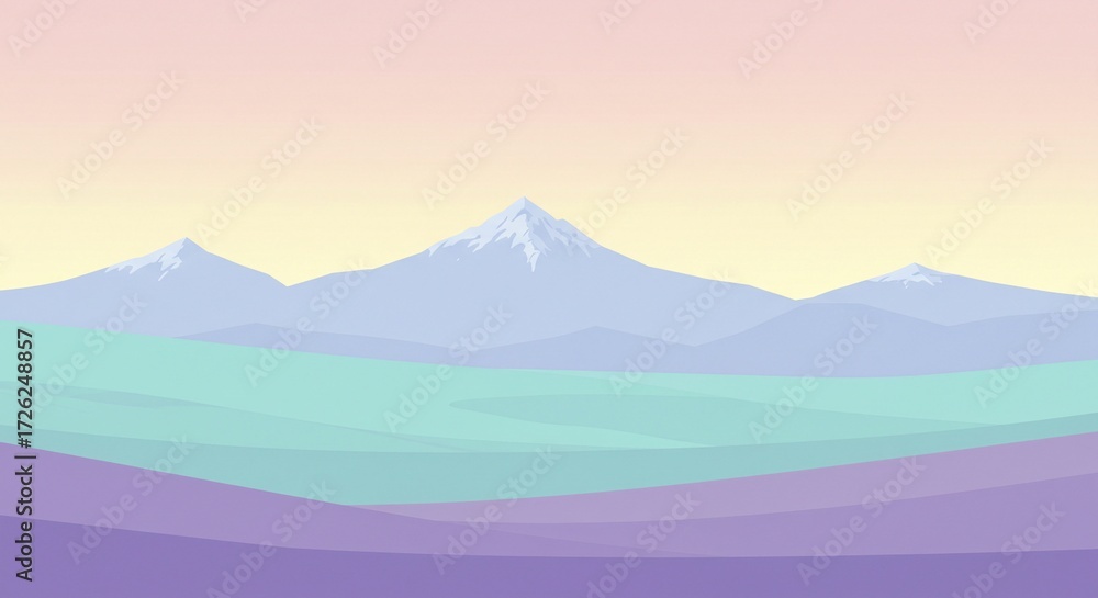 Naklejka premium Pastel colored mountain range vector with pastel meadow in front of mountains. Vector art, pastel colors, dreamy landscape.