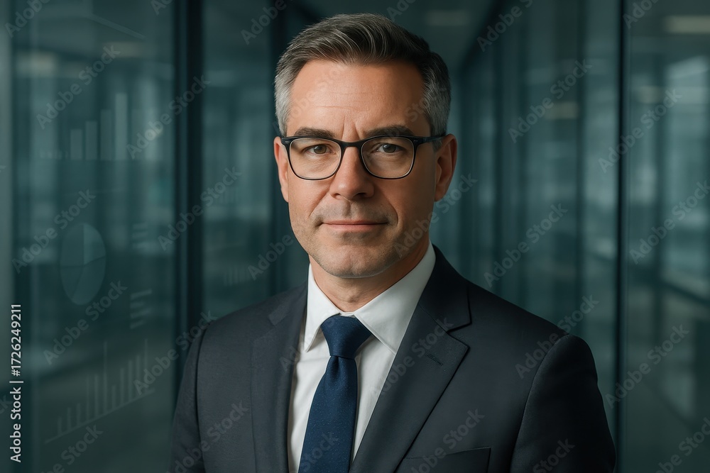 Fototapeta premium Mature executive portrait in sleek office with digital reflections confident middle aged businessman modern corporate technology leadership