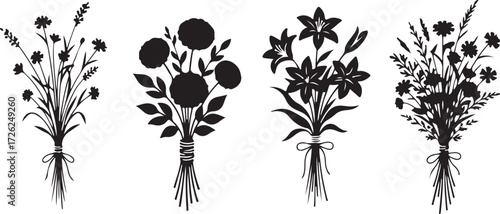 Silhouette bouquets of diverse flowers: Delicate silhouettes of flower arrangements, showcasing floral variations and intricate botanical details.