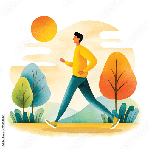 Man jogging in the park during a sunny day for exercise.