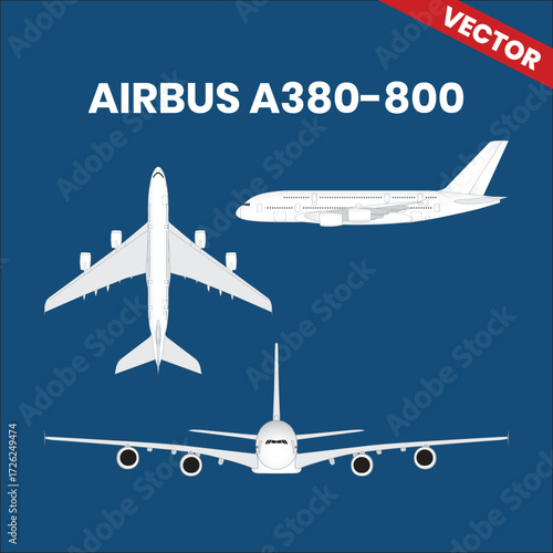 Line drawings of Airbus A380-800 aircraft top view side view front view with four jet engine 