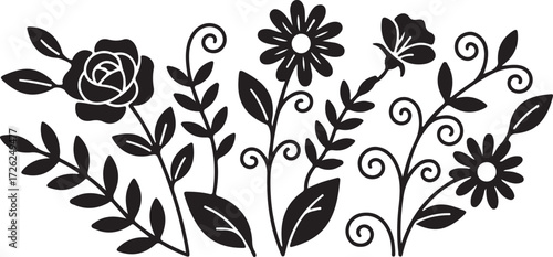 Floral Silhouette: A stunning collection of flowers and foliage, meticulously rendered in a silhouette, offers a sophisticated design suitable for a range of artistic applications.
