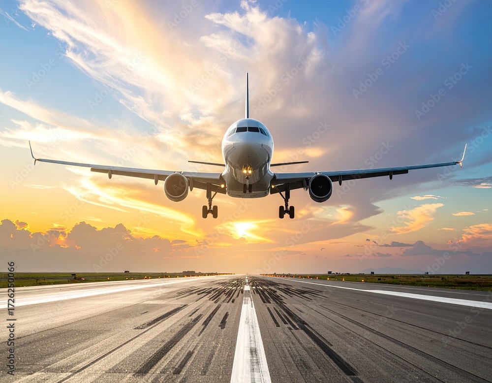 Fototapeta premium Airplane Landing at Sunset
