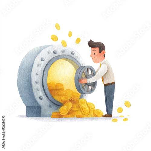 Man opening a safe full of gold coins.