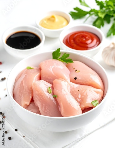 Raw chicken breast pieces in bowl with sauces and herbs