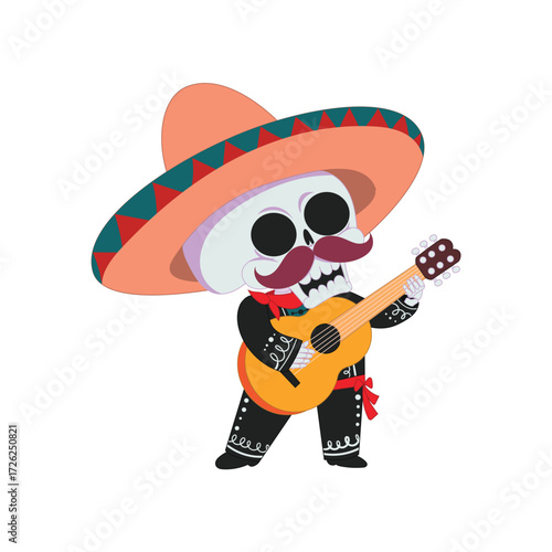 Flat cute chubby mariachi skull character with sombrero costume playing guitar. Perfect for Dia de los Muertos, Mexican culture, festival, holiday, and celebration design.