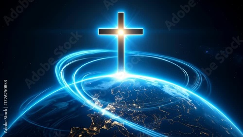 Global Faith: A Christian Cross Over Earth with Digital Connection Lines