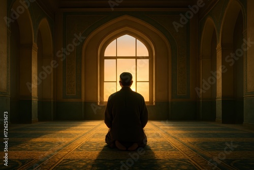 Serene moment of prayer in mosque soft light and patterned carpet reverence