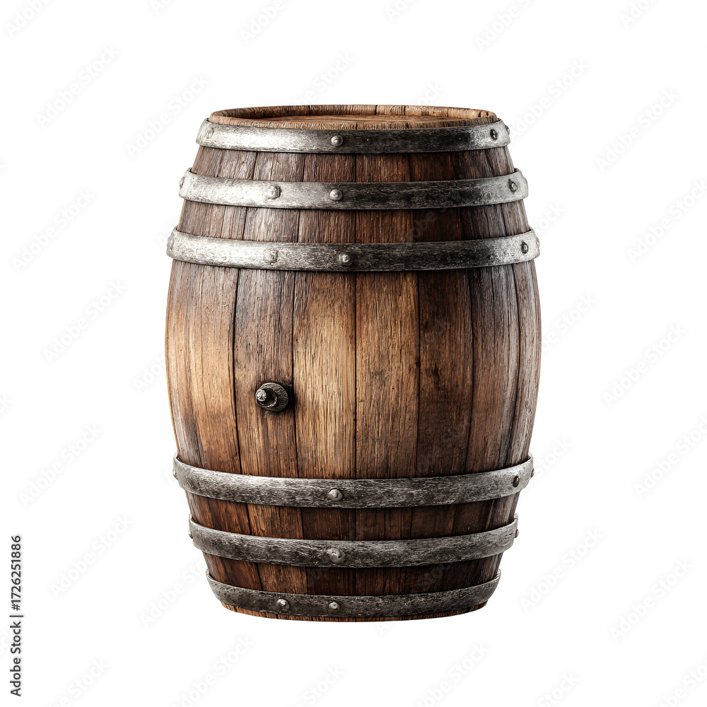 Fototapeta premium Old Wooden Barrel with Metal Bands on Black Background
