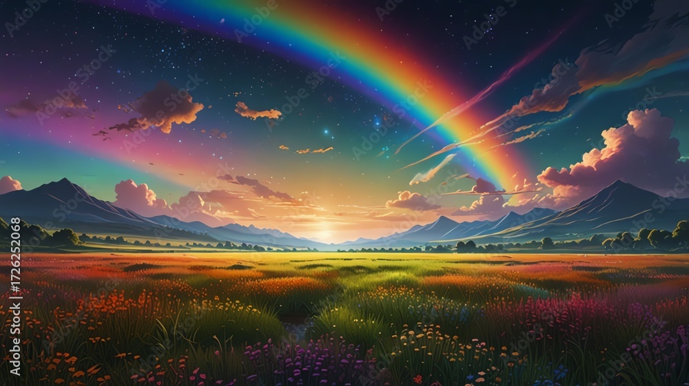 Obraz premium Vibrant double rainbow over a colorful, sunlit field with rolling hills.