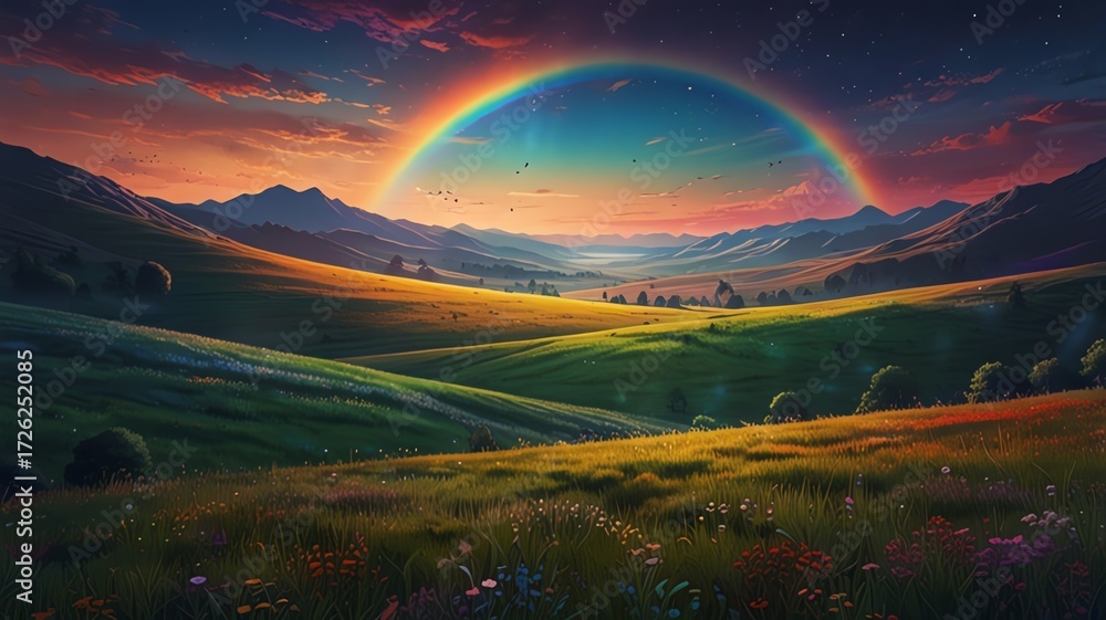 Obraz premium Vibrant rainbow arching over rolling green hills at sunset, creating a magical and serene landscape.