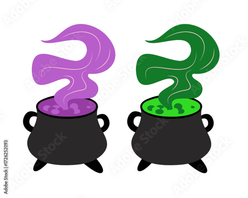 A spooky Halloween set featuring two witch's cauldrons with bubbling magical potions of green and purple, isolated vector illustration