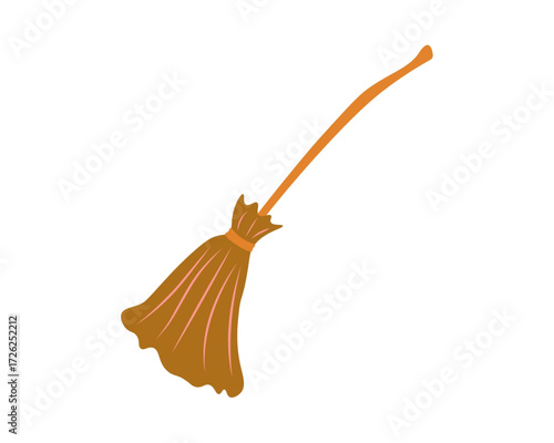 Cartoon witch broomstick illustration isolated on white background. A simple orange flying broom symbol for a festive Halloween design
