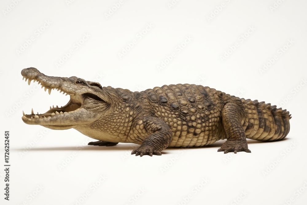 Fototapeta premium Studio shot of Nile crocodile full body profile with open jaws isolated on pure white background high detail scales teeth and texture wildlife conservation concept