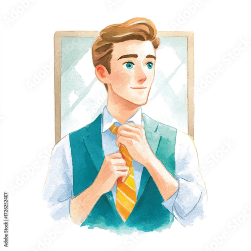 Man Tying Tie in Mirror, Watercolor Illustration.