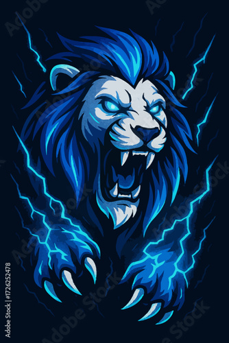 A powerful vector illustration of a fierce blue lion roaring, surrounded by electric lightning bolts and showing sharp claws
