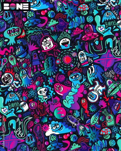 Whimsical doodle pattern with colorful aliens, rockets, and quirky ghosts for fun textiles, groovy backgrounds, or vibrant wallpapers, a playful design.