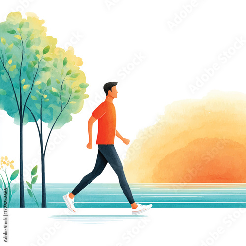 Man walking in a park during sunset.