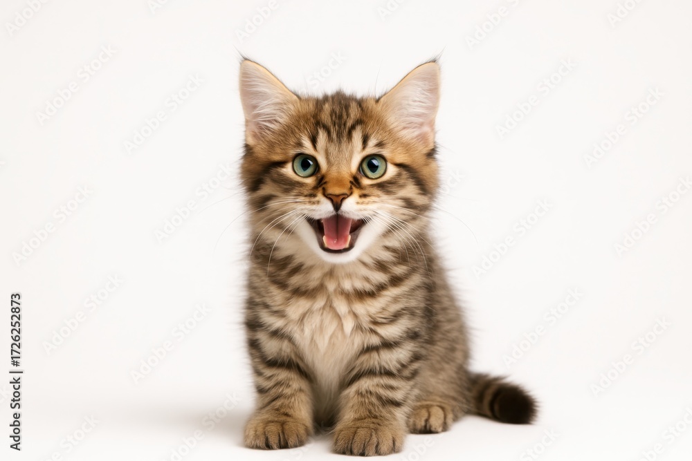 Obraz premium Adorable fluffy tabby kitten mid meow with green eyes isolated on pure white background studio lighting playful expression cutout for designers