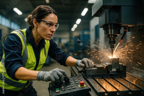 Skilled female engineer operating advanced CNC machinery in a clean industrial workshop inclusion safety and modern manufacturing workforce