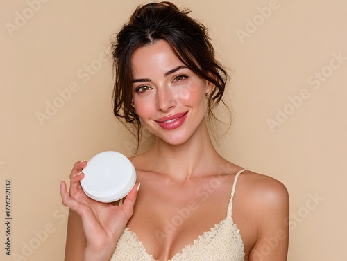 A beautiful woman with perfect skin holds a white container of beauty cream in front of a beige background.
