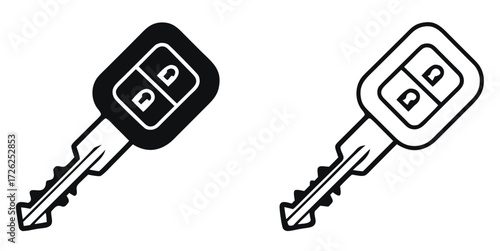 Illustration of two car keys with remote lock and unlock buttons, one in black and one in white, showcasing vehicle security isolated on white background