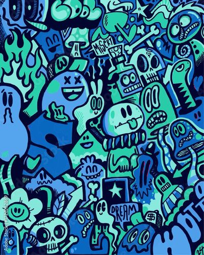 Whimsical monster doodles in cool blues and greens create a playful, edgy vibe perfect for youth-focused brands and creative projects needing unique flair