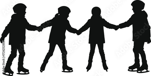 Silhouette of Children Holding Hands Ice Skating Friends Teamwork

