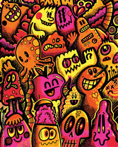 Whimsical monster doodle art for playful designs, vibrant and energetic cartoon character mashup in pink, orange and yellow for a fun, creative project