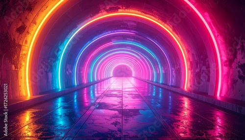 Fototapeta Naklejka Na Ścianę i Meble -  A vibrant, neon-lit tunnel with concentric arches of colorful light, creating a dynamic and futuristic ambiance.