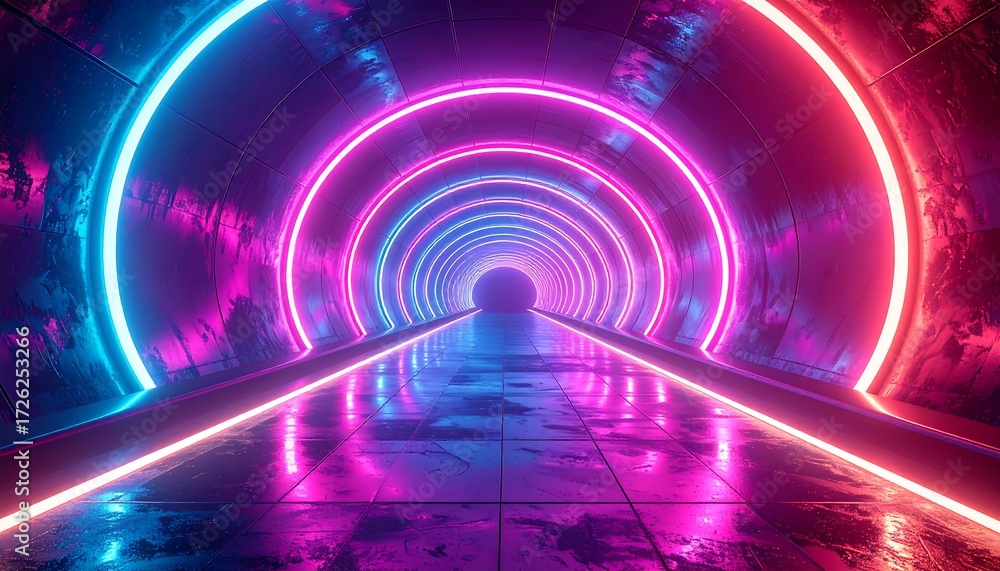 Obraz premium A futuristic tunnel glows with vibrant neon pink and blue lights, creating a mesmerizing and otherworldly atmosphere.