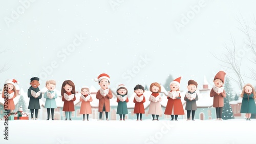 Joyful diverse group of children caroling during festive winter holidays, spreading christmas spirit and community music in snowy village celebration.