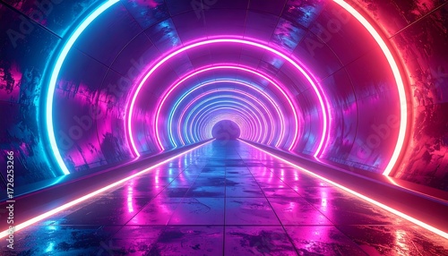 Fototapeta Naklejka Na Ścianę i Meble -  A futuristic tunnel glows with vibrant neon pink and blue lights, creating a mesmerizing and otherworldly atmosphere.