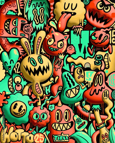 Whimsical cartoon doodle illustration with colorful monsters and playful expressions, perfect for vibrant designs and creative projects with a fun, quirky vibe