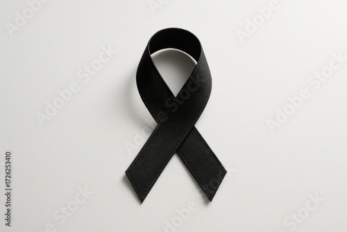 Elegant mourning ribbon curled into loop on pure white background minimal memorial symbol with soft shadow and high detail macro studio lighting