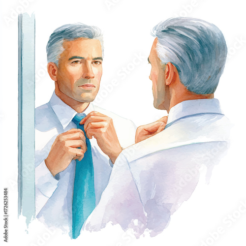 Mature man adjusting his tie in front of a mirror.