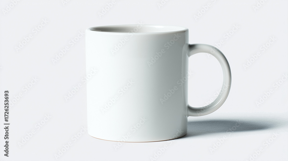 Obraz premium シンプルなデザインの白い無地の陶器製マグカップを明るい白背景で撮影したクローズアップ