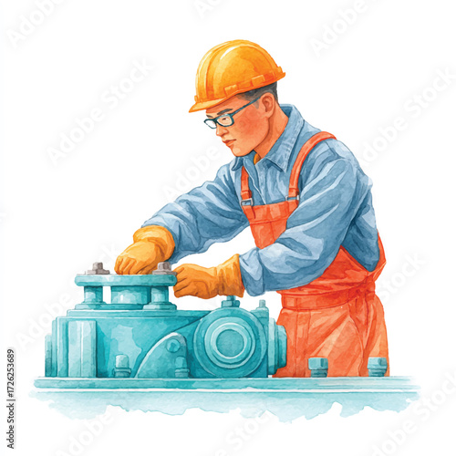 Mechanic in orange overalls and hard hat working on industrial pump.