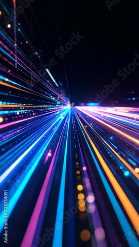 Bright neon light trails move across the dark background, futuristic data stream, communication network, speed of light.