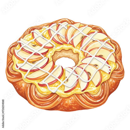 Watercolor Danish Pastry Vector Illustration Isolated on White Background, Sweet Swirl Bakery Dessert Clipart for Cafe, Breakfast, and Patisserie Decoration
