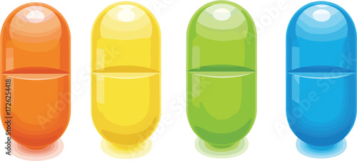 capsule, pill, medicine, drug, supplement, health, pharmaceutical, tablet, colorful, glossy, vitamin, treatment, dosage, healthcare, orange, yellow, green, blue, medication, cure