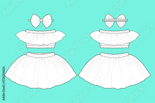 Baby Girls Off-Shoulder Top and Skirt Set with Matching Headband Flat Sketch Vector Template.