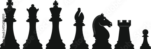 Chess pieces, black silhouette, white king, game strategy, board icon, pawn, rook, knight, bishop, queen, king, vector set
